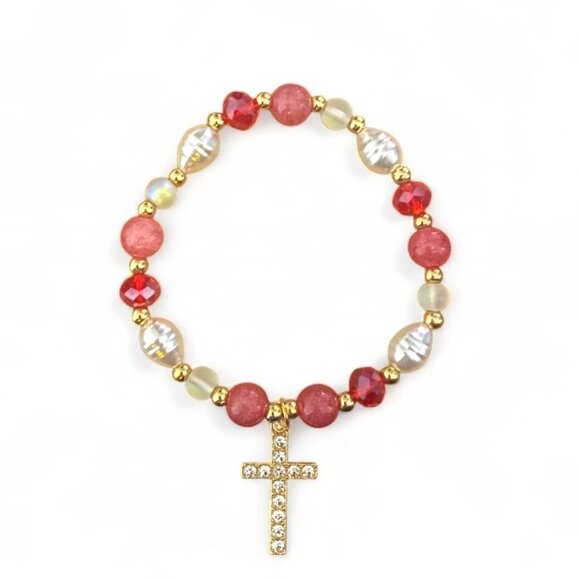NEW- CROSS PENDANT BEADED BRACELET ADJUSTABLE STRETCH - RED - Picture 2 of 4